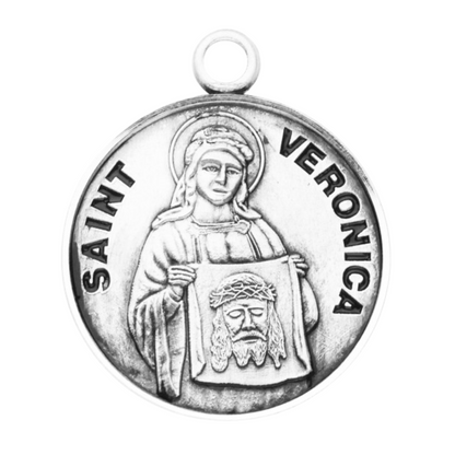 Saint Veronica Sterling Silver Round Medal Pendant — 18" Chain, Gift Box Included
