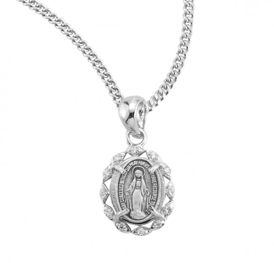 Sterling Silver Crystal Cubic Zirconia Miraculous Medal, Catholic Gift, Made in USA