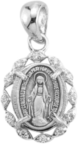 Miraculous Medal Sterling Silver CZ Pendant Necklace — 18" Chain, Made in USA