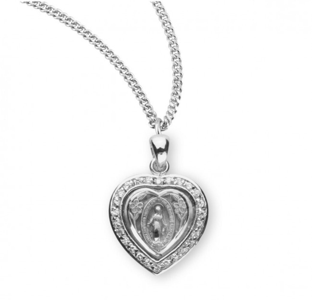 Sterling Silver Heart Miraculous Crystal Cubic Zirconia CZ Pendant, Catholic Gift, Made in USA