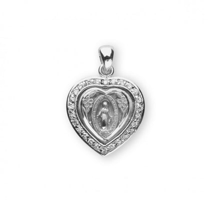 Miraculous Medal Heart Sterling Silver CZ Pendant Necklace — 18" Chain