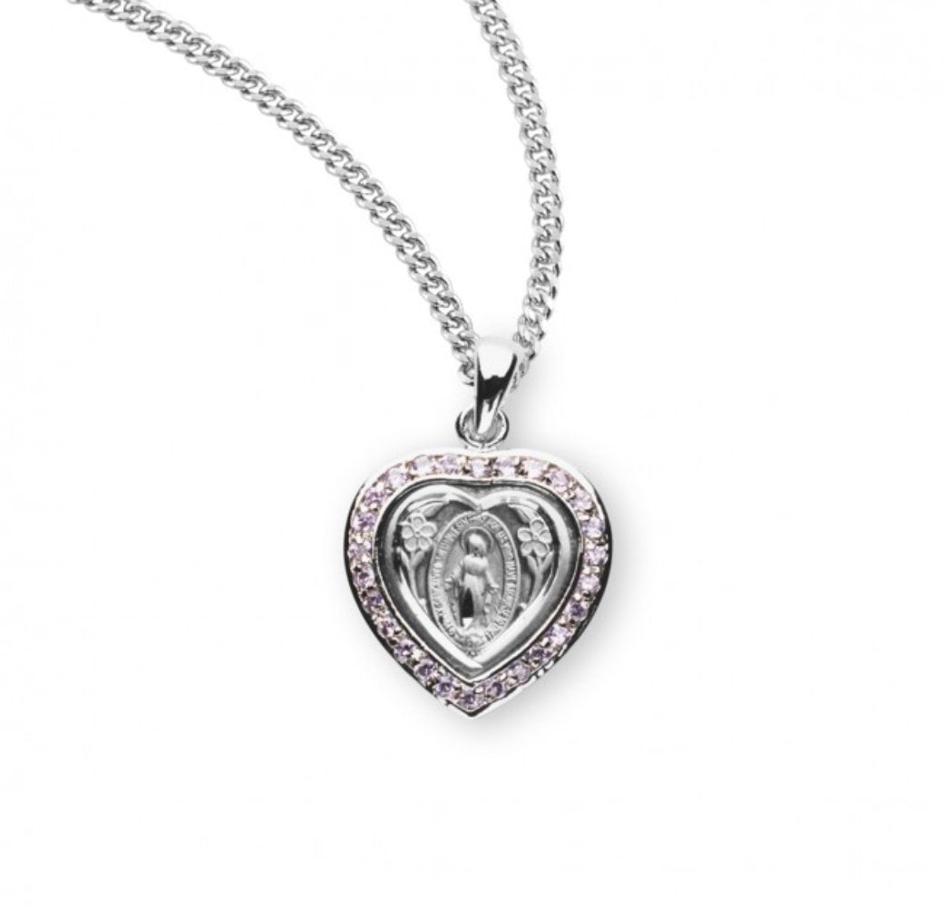Sterling Silver Heart Shaped Miraculous Sapphire Cubic Zirconia CZ Pendant , Catholic Gift, Made in USA