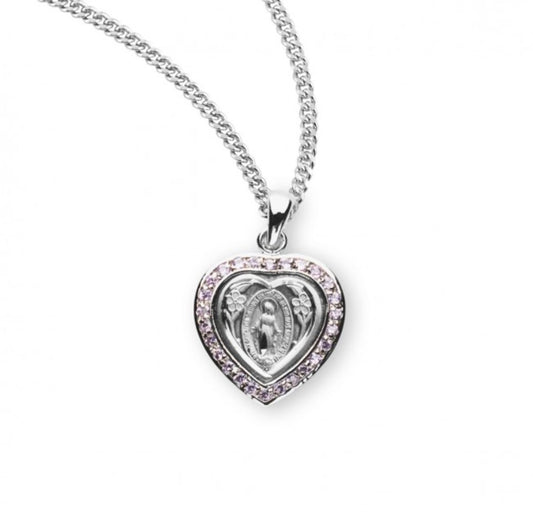 Sterling Silver Heart Shaped Miraculous Sapphire Cubic Zirconia CZ Pendant , Catholic Gift, Made in USA
