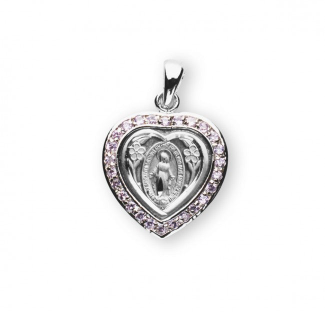 Miraculous Medal Sterling Silver Sapphire CZ Heart Pendant — 18" Chain, USA Made