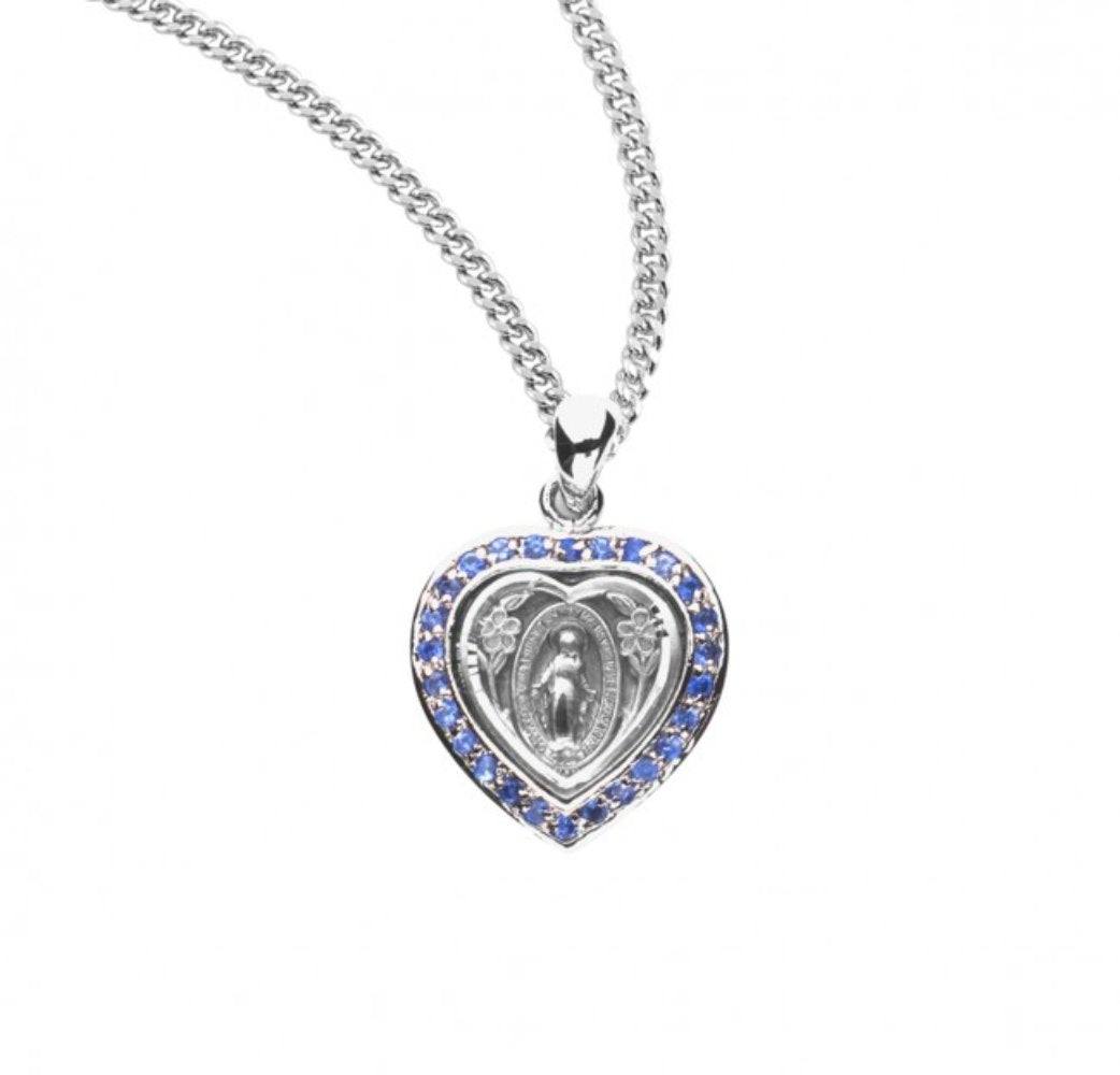 Sterling Silver Heart Shaped Miraculous Sapphire Cubic Zirconia CZ Pendant, Catholic Gift, Made in USA