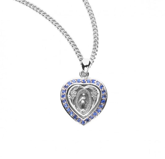 Sterling Silver Heart Shaped Miraculous Sapphire Cubic Zirconia CZ Pendant, Catholic Gift, Made in USA