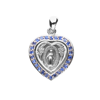 Miraculous Medal Sterling Silver Sapphire CZ Heart Pendant — 18" Chain, USA Made