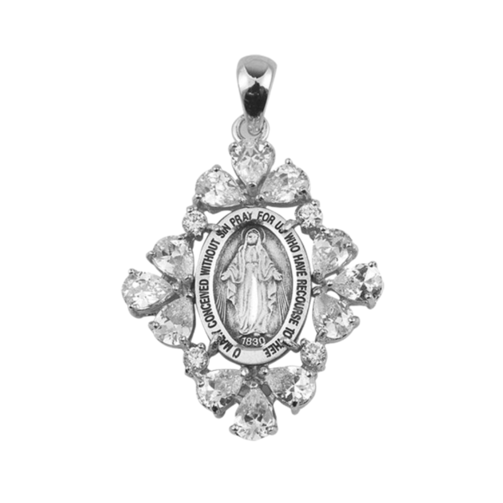 Miraculous Medal Sterling Silver CZ Pendant — 24" Chain, Gift Box Included