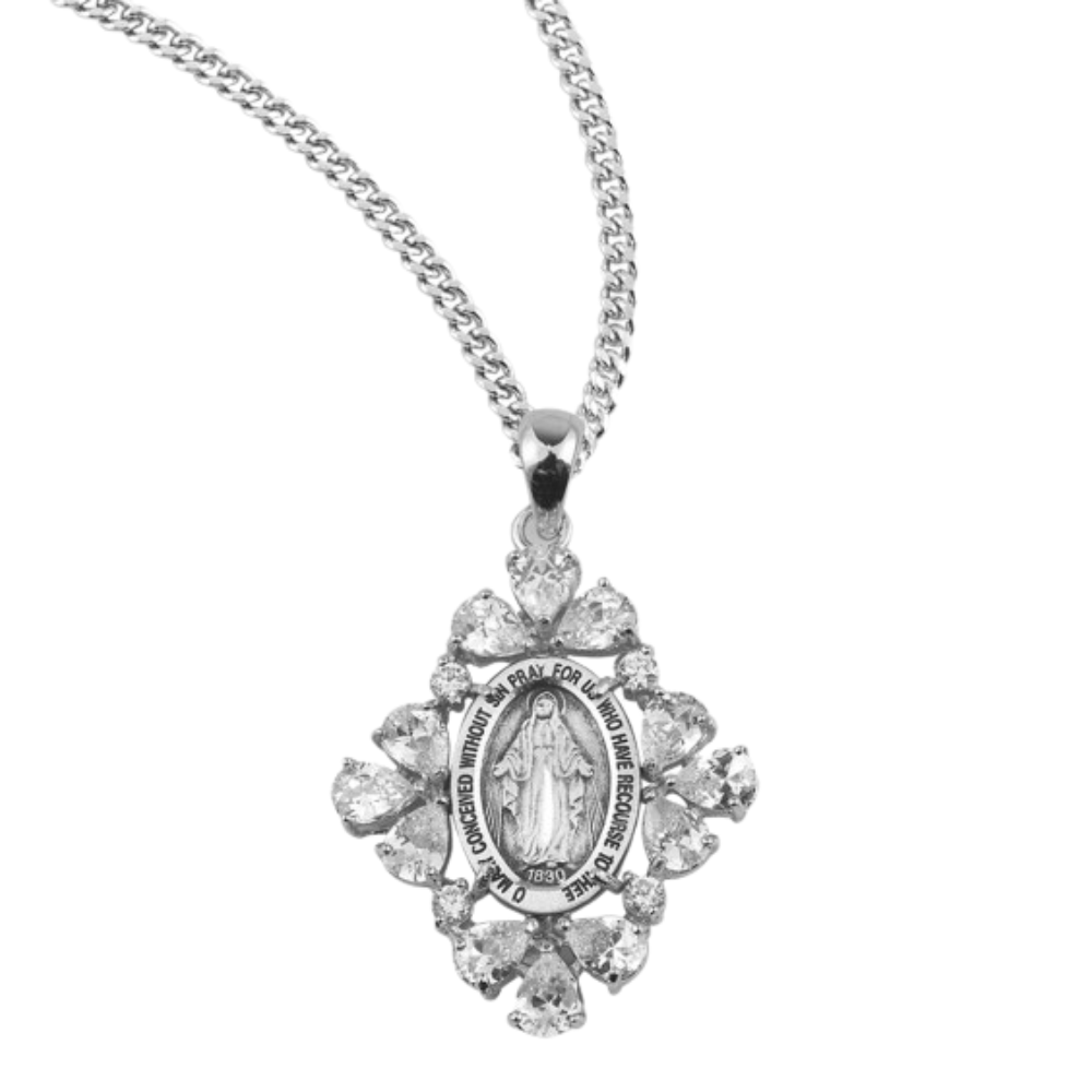 16 Crystal Cubic Zirconia's CZ's w/Sterling Silver Miraculous Medal, Catholic Gift, Made in USA