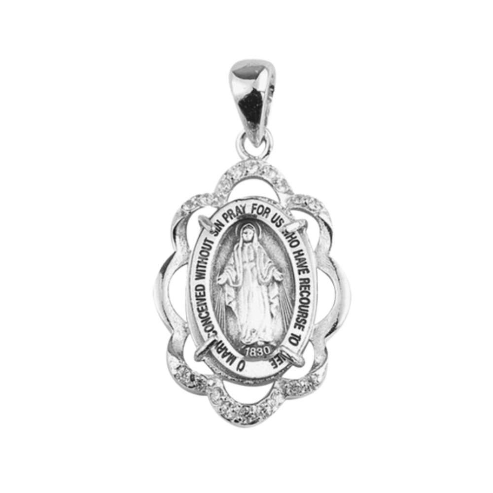 Miraculous Medal Sterling Silver CZ Pendant — 18" Chain, Gift Box Included