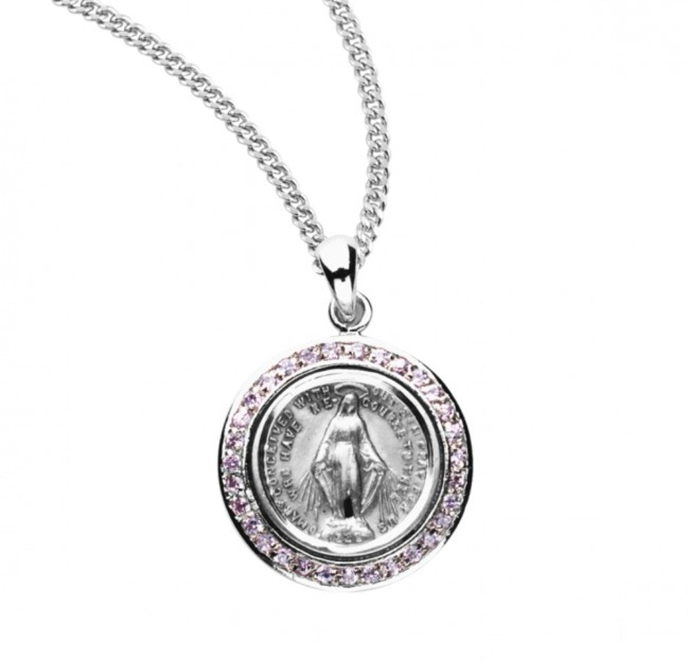Sterling Silver Pink Cubic Zirconia Miraculous Medal, Catholic Gift, Made in USA
