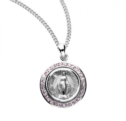Sterling Silver Pink Cubic Zirconia Miraculous Medal, Catholic Gift, Made in USA