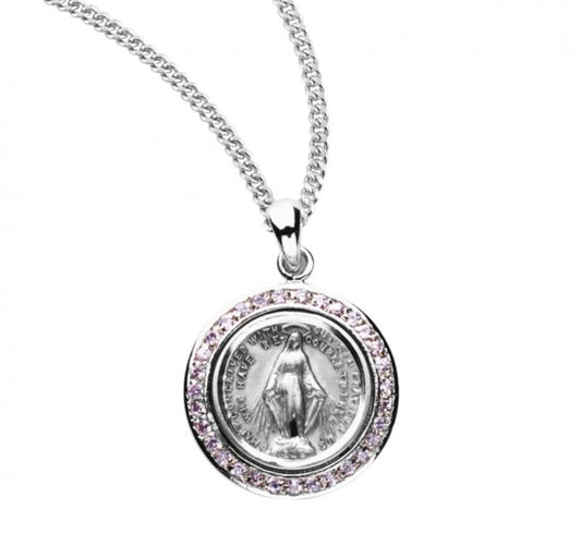 Sterling Silver Pink Cubic Zirconia Miraculous Medal, Catholic Gift, Made in USA