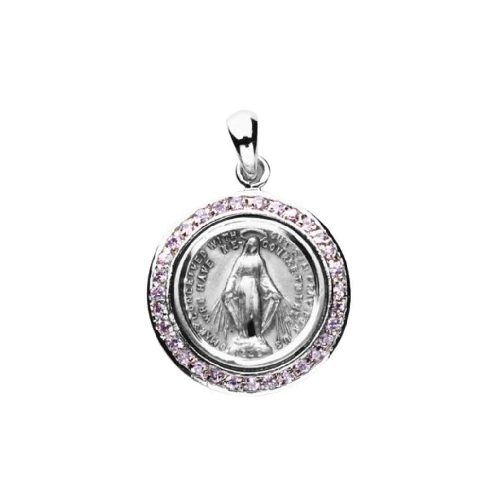 Pink Miraculous Medal Sterling Silver Pendant Necklace — 18" Chain, Gift Box