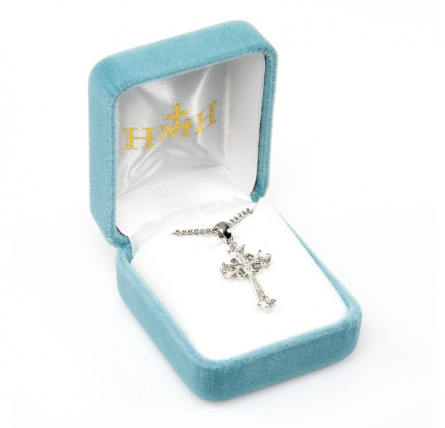 Cubic Zircon Cross Boxed Sterling Silver Pendant Necklace - 18 Inch Chain, Made in USA