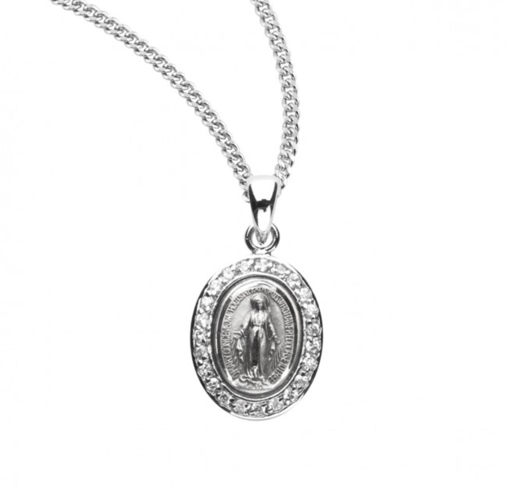 Sterling Silver Crystal Cubic Zirconia Miraculous Medal, Catholic Gift, Made in USA