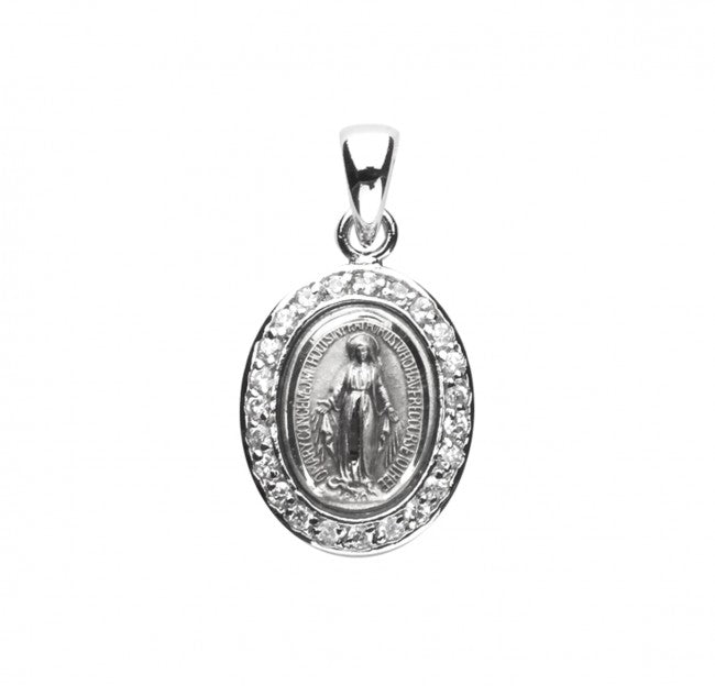 Miraculous Medal Sterling Silver CZ Pendant — 18" Chain, Gift Box Included