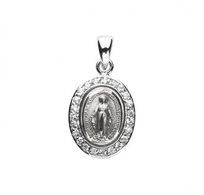 Miraculous Medal Sterling Silver CZ Pendant — 18" Chain, Gift Box Included