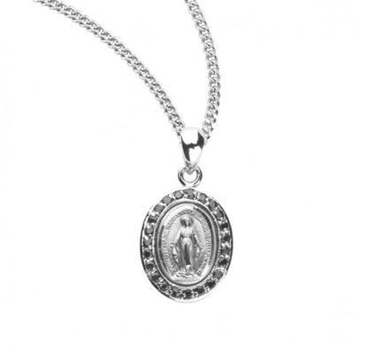 Sterling Silver Jet Black Cubic Zirconia Miraculous Medal, Catholic Gift, Made in USA