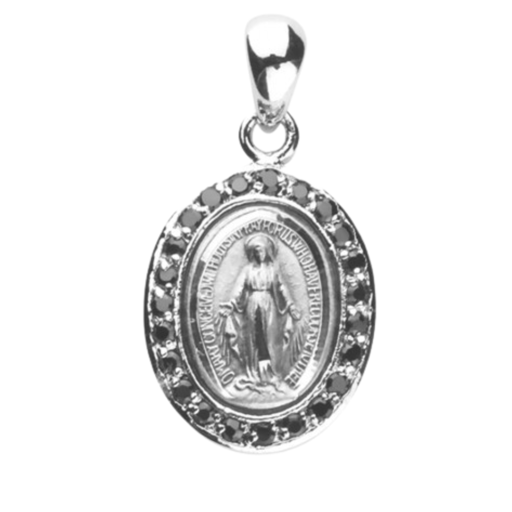 Miraculous Medal Black CZ Sterling Silver Pendant — 18" Chain, Gift Box