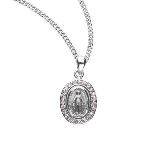 Sterling Silver Pink Cubic Zirconia Miraculous Medal, Catholic Gift, Made in USA