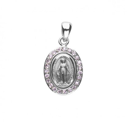 Pink Miraculous Medal Sterling Silver Pendant Necklace — 18" Chain, Gift Box