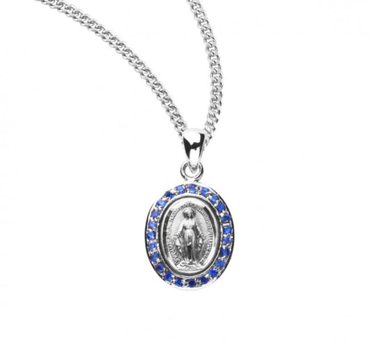 Sterling Silver Sapphire Cubic Zirconia Miraculous Medal, Catholic Gift, Made in USA