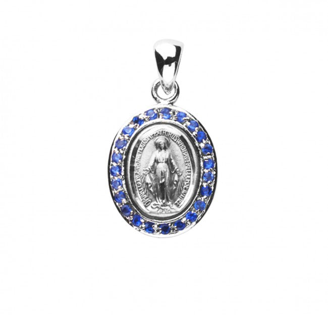 Miraculous Medal Sterling Silver Sapphire CZ Necklace — 18" Chain, Gift Box