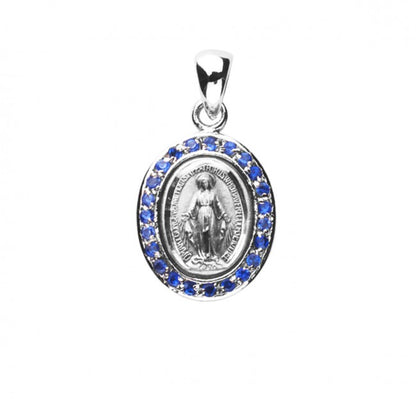 Miraculous Medal Sterling Silver Sapphire CZ Necklace — 18" Chain, Gift Box