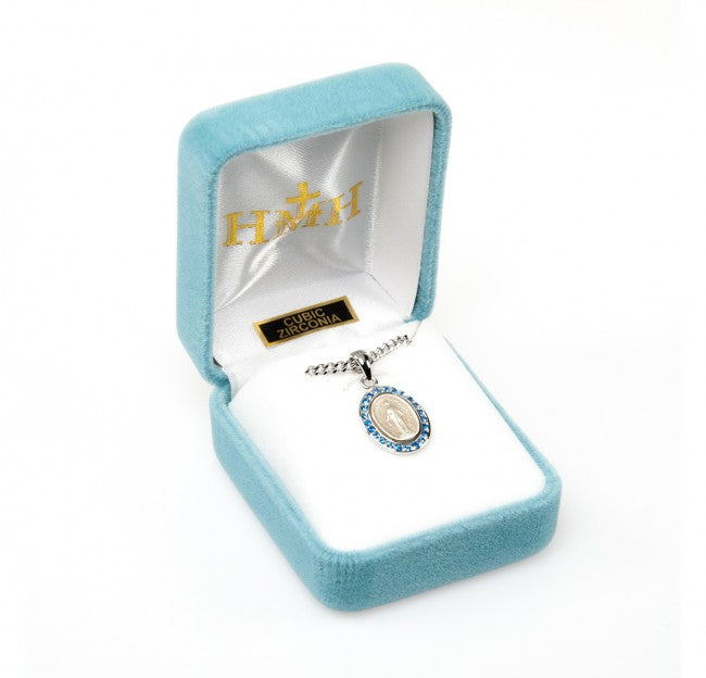 Miraculous Medal Sterling Silver Sapphire CZ Necklace — 18" Chain, Gift Box