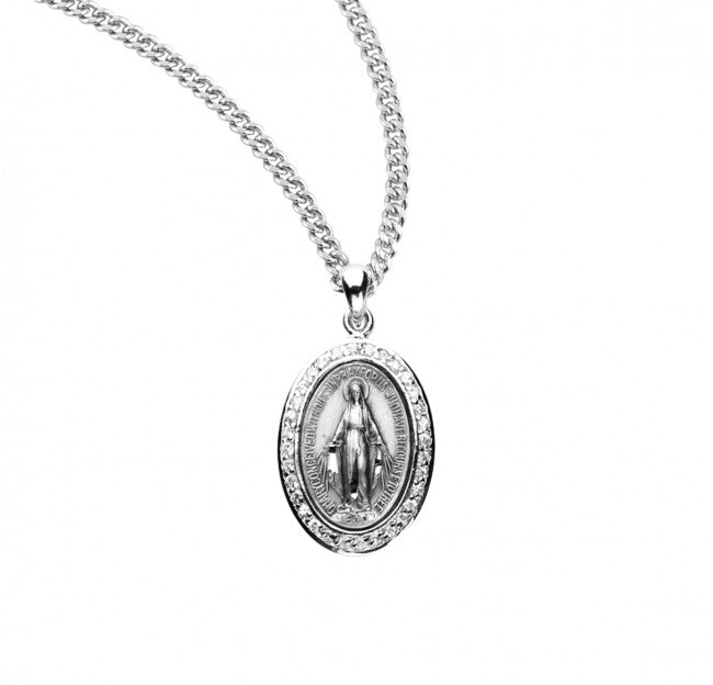 Sterling Silver Oval Miraculous Crystal Cubic Zirconia CZ Pendant, Catholic Gift, Made in USA