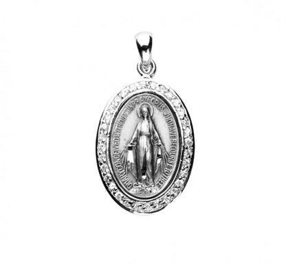 Miraculous Medal Sterling Silver Oval CZ Pendant — 18" Chain, Gift Box Included