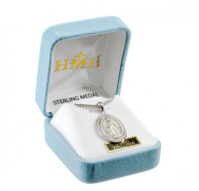 Miraculous Medal Sterling Silver Oval CZ Pendant — 18" Chain, Gift Box Included