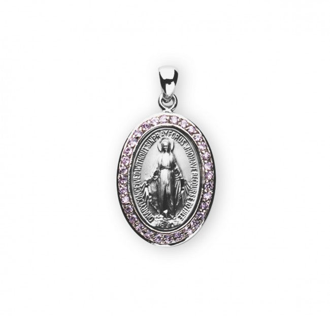 Miraculous Medal Sterling Silver CZ Heart Necklace — 18" Chain, Made in USA, Gift Box