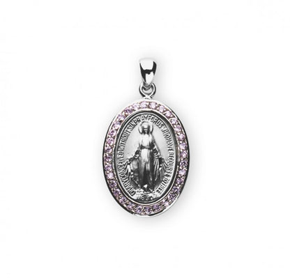 Miraculous Medal Sterling Silver CZ Heart Necklace — 18" Chain, Made in USA, Gift Box