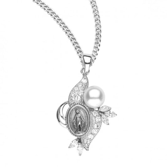 Sterling Mirac Pendant w/Cubic Zirconia CZ & Cultured Pearl, Catholic Gift, Made in USA