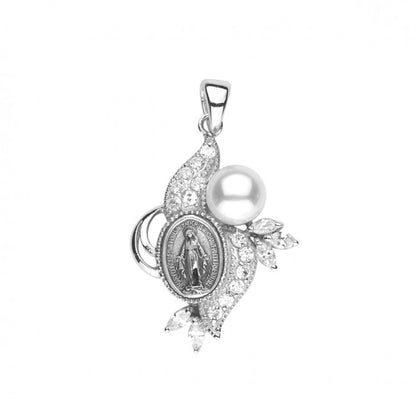 Miraculous Medal Sterling Silver Pendant with Cultured Pearl & CZ, 18" Chain