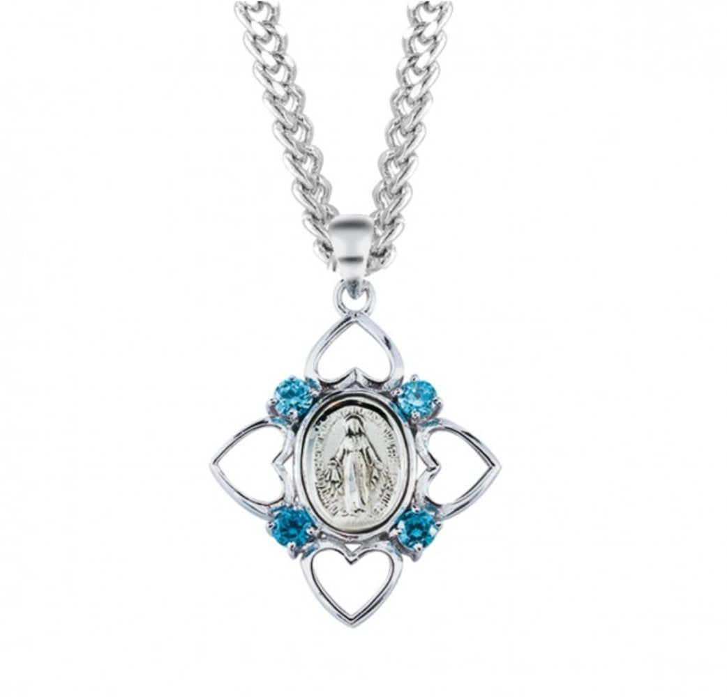 Sterling Silver Miraculous Medal with 4 Hearts and Light Sapphire Cubic Zirconia's CZ's, Catholic Gift, Made in USA
