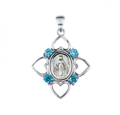 Miraculous Medal Sterling Silver Aqua CZ Pendant — 24" Chain, Gift Box Included