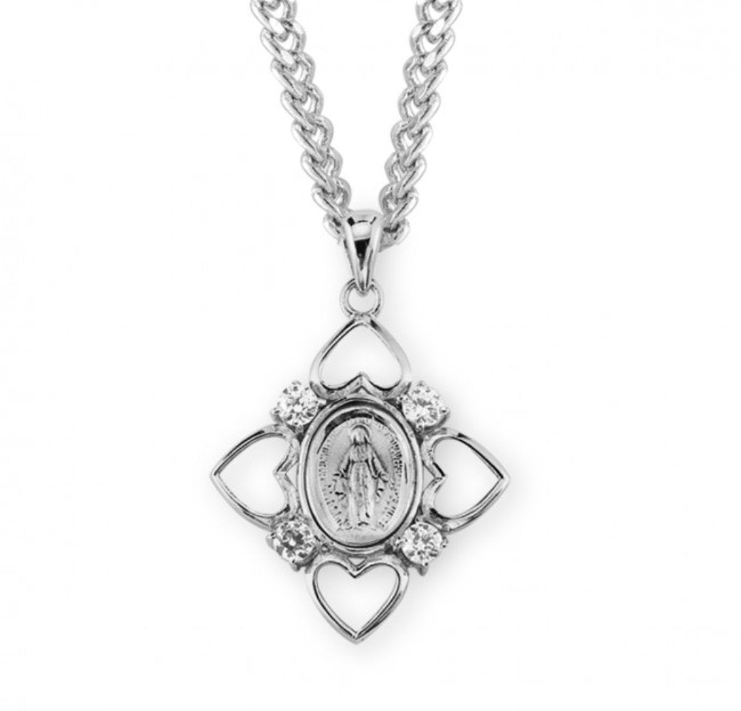 Sterling Silver Miraculous Medal with 4 Hearts and Crystal Cubic Zirconia's CZ's, Catholic Gift, Made in USA