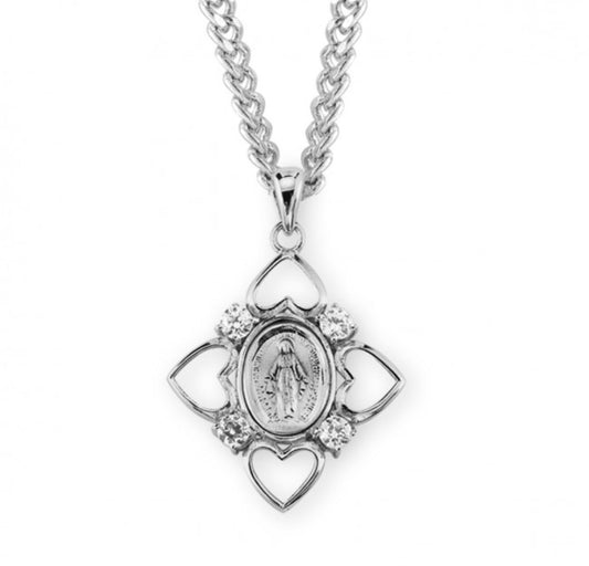 Sterling Silver Miraculous Medal with 4 Hearts and Crystal Cubic Zirconia's CZ's, Catholic Gift, Made in USA