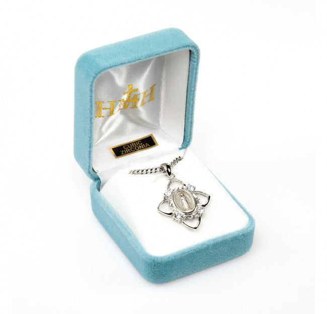 Miraculous Medal Sterling Silver CZ Heart Pendant — 24" Chain, Made in USA