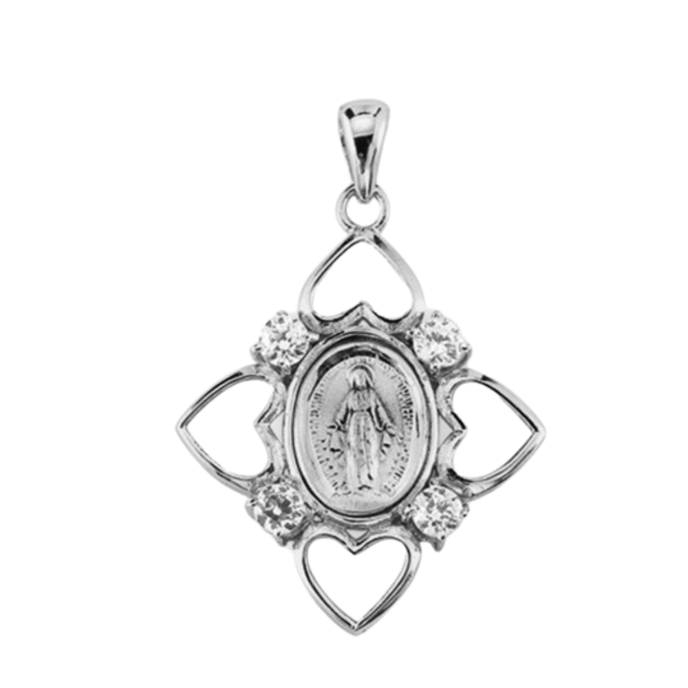 Miraculous Medal Sterling Silver CZ Heart Pendant — 24" Chain, Made in USA