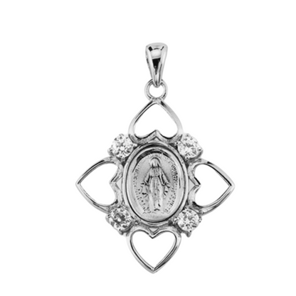 Miraculous Medal Sterling Silver CZ Heart Pendant — 24" Chain, Made in USA