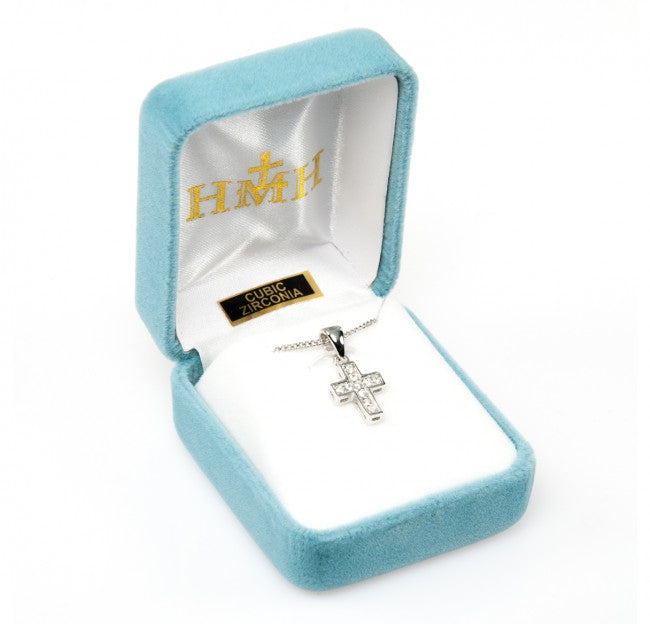 Sterling Silver Small Cross Necklace with Cubic Zirconia — 18" Chain, Gift Box