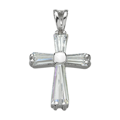 Crystal Zircon Cross Sterling Silver Pendant — 18" Chain, Made in USA, Gift Box