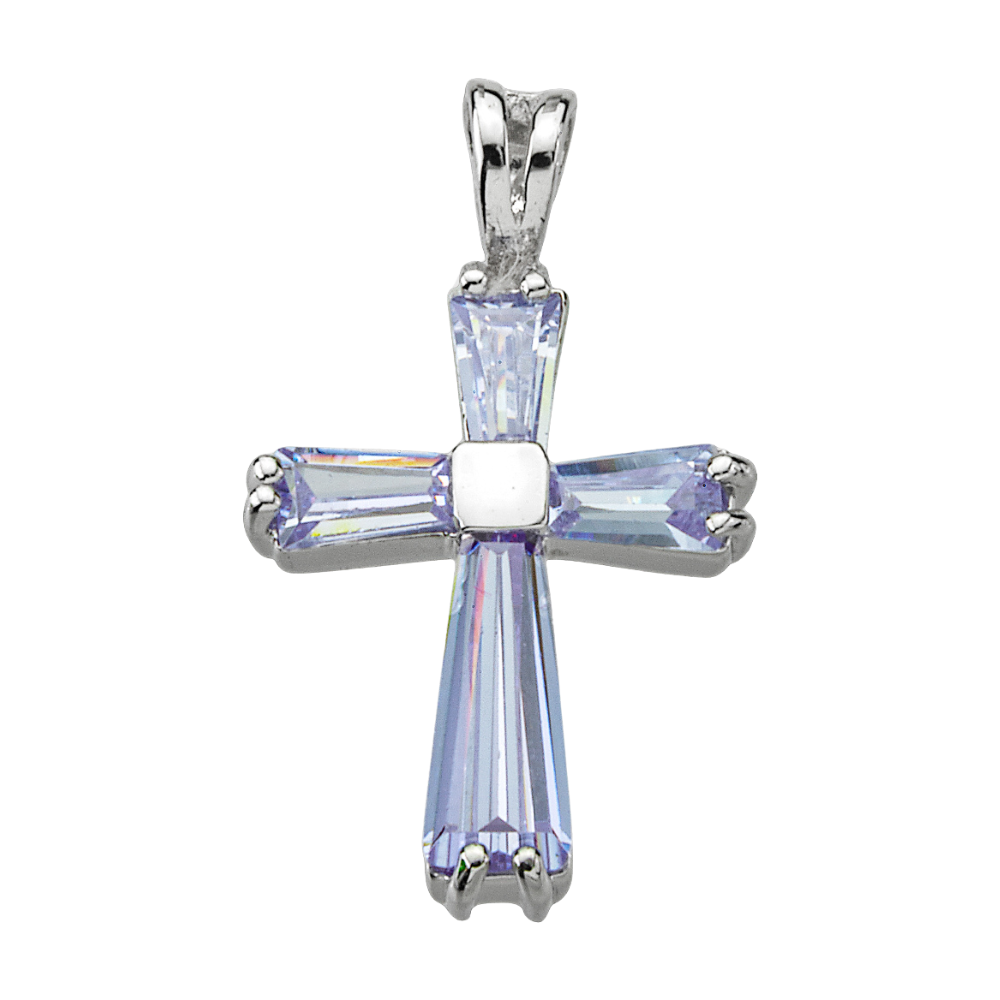 Light Amethyst Zircon Cross Sterling Silver Necklace — 18" Chain, Gift Box