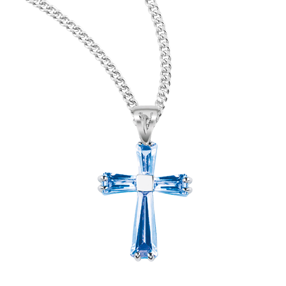 Light Sapphire Zircon Cross Pendant, Catholic Gift, Made in USA