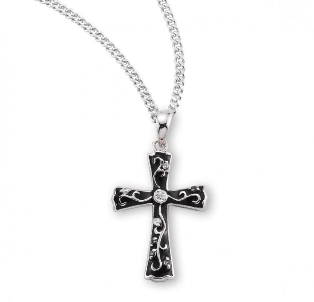 Sterling Silver Black Enameled Cross w/Cubic Zirconia's CZ's, Catholic Gift, Made in USA