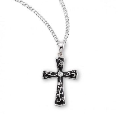 Sterling Silver Black Enameled Cross w/Cubic Zirconia's CZ's, Catholic Gift, Made in USA